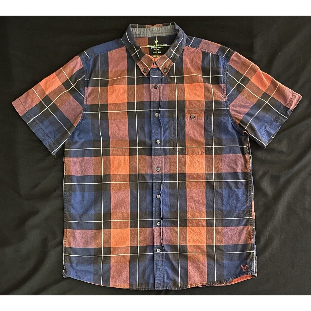 American Eagle Button Down Shirt Men Large Blue Red Plaid Slim Fit Short Sleeve